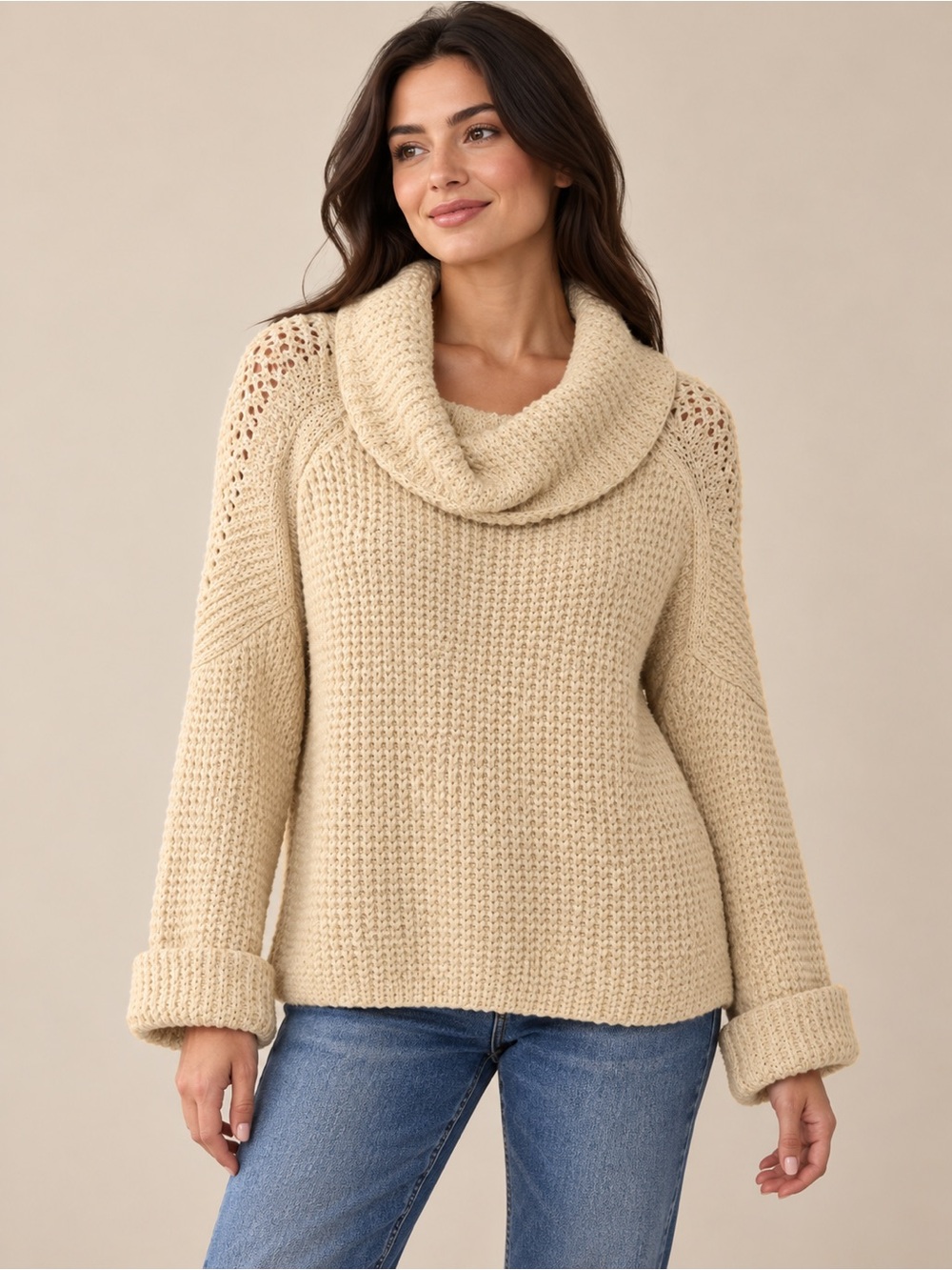 Free People Cream Cowl Neck Chunky Knit Sweater